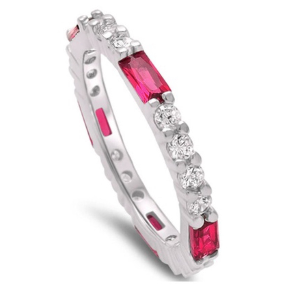 Baguette Ruby & Round Cz Band .925 Sterling Silver